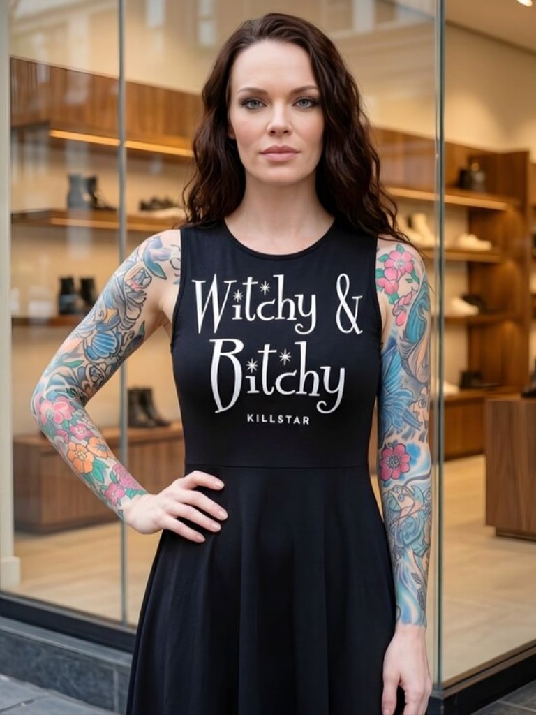 Killstar Witchy Bitchy Skater Dress Black Button Back Jersey Graphic Sz M Nwt — image 2 of 8